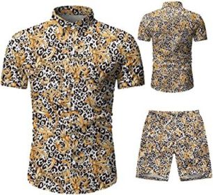 Men's 2 Piece Tracksuit Shirt Flower Casual Button Down Short Sleeve Shirts and Pants Suit