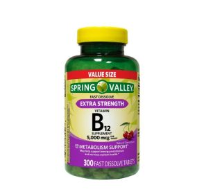 Spring Valley Extra Strength Vitamin B12 Fast Dissolve Tablets, Cherry, 5000 Mcg, 300 Ct, Value Size