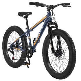 S24109 Elecony 24 Inch Fat Tire Bike Adult/Youth Full Shimano 7 Speeds Mountain Bike, Dual Disc Brake, High-Carbon Steel Frame, Front Suspension