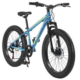 S24109 24 Inch Fat Tire Bike Adult/Youth Full Shimano 7 Speeds Mountain Bike, Dual Disc Brake, High-Carbon Steel Frame, Front Suspension