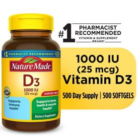 Nature Made Vitamin D3 1000 IU (25 mcg) Softgels; Bone and Immune Support; 500 Count