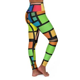 High Waisted Yoga Pants, Multicolor Block And Black Grid Style Sports Pants