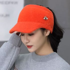 Woman Girl Mink Hair Visor Cap Bee Knitted Autumn Winter Hat Solid Color Elastic Cycling Running Golf Empty Top Cap (Color: Orange)