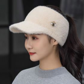 Woman Girl Mink Hair Visor Cap Bee Knitted Autumn Winter Hat Solid Color Elastic Cycling Running Golf Empty Top Cap (Color: Beige)