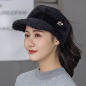 Woman Girl Mink Hair Visor Cap Bee Knitted Autumn Winter Hat Solid Color Elastic Cycling Running Golf Empty Top Cap (Color: Black)