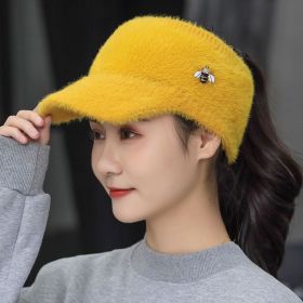 Woman Girl Mink Hair Visor Cap Bee Knitted Autumn Winter Hat Solid Color Elastic Cycling Running Golf Empty Top Cap (Color: YELLOW)