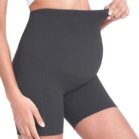 Women Maternity Shorts Seamless Pregnancy Underwear Shapewear Fitness Yoga Running Shorts High Waist Over The Belly Pants with Two Side Pockets (Color: Grey, size: S)