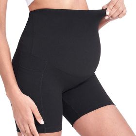 Women Maternity Shorts Seamless Pregnancy Underwear Shapewear Fitness Yoga Running Shorts High Waist Over The Belly Pants with Two Side Pockets (Color: Black, size: M)